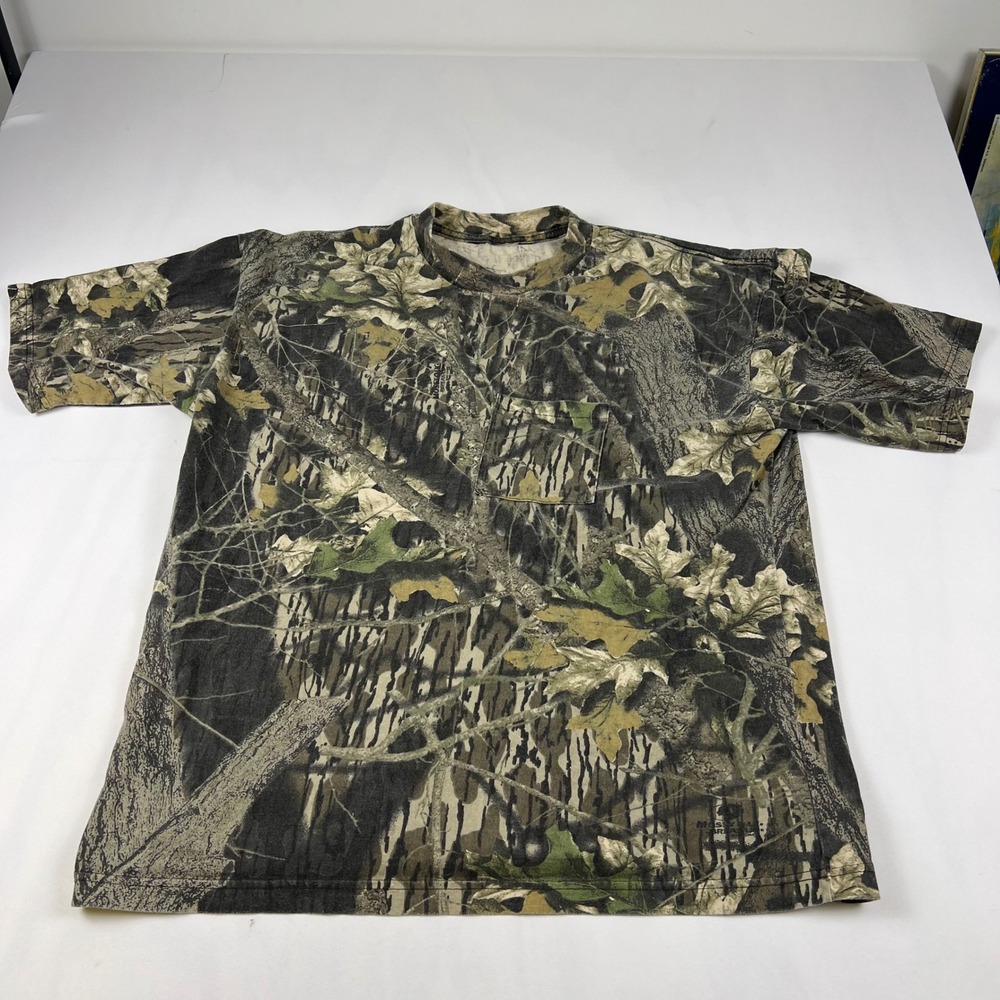 Mossy Oak T Shirt Break-Up Camo XL Green Brown Pocket Hunting Tee Excellent